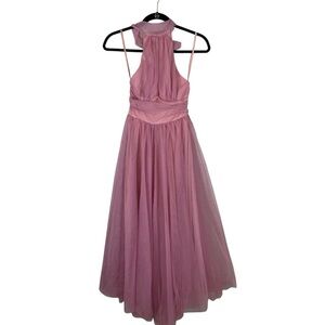 Petal + Pup Pink Tulle Halter Maxi Dress XS Backless Bow Formal Gown